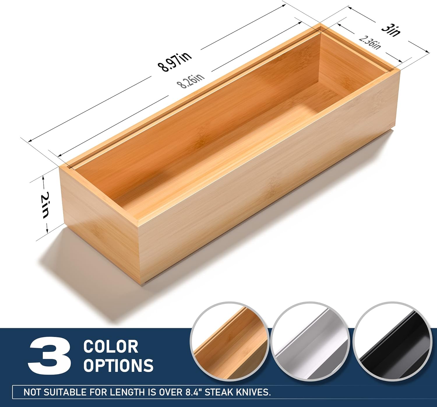 Silverware Tray for Drawer, Stackable Kitchen Bamboo Drawer Organizer 9" x 3" x 2" Set of 2