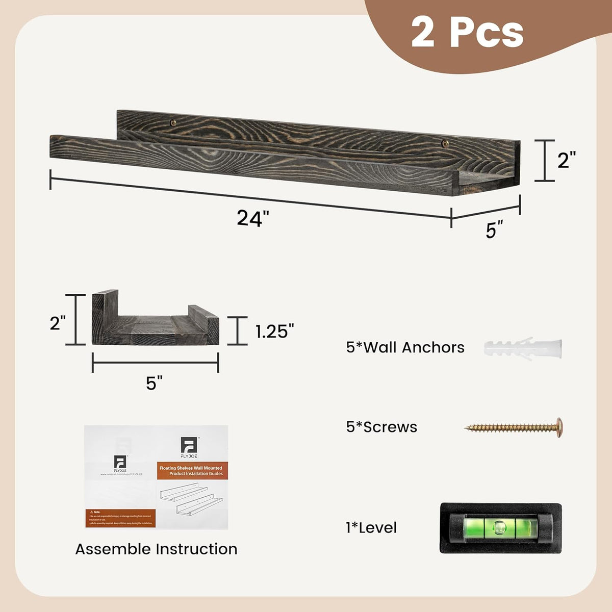 24 Inches Floating Shelves for Wall, Solid Pine Wood Picture Ledge Shelves, Wall Shelves with Lips