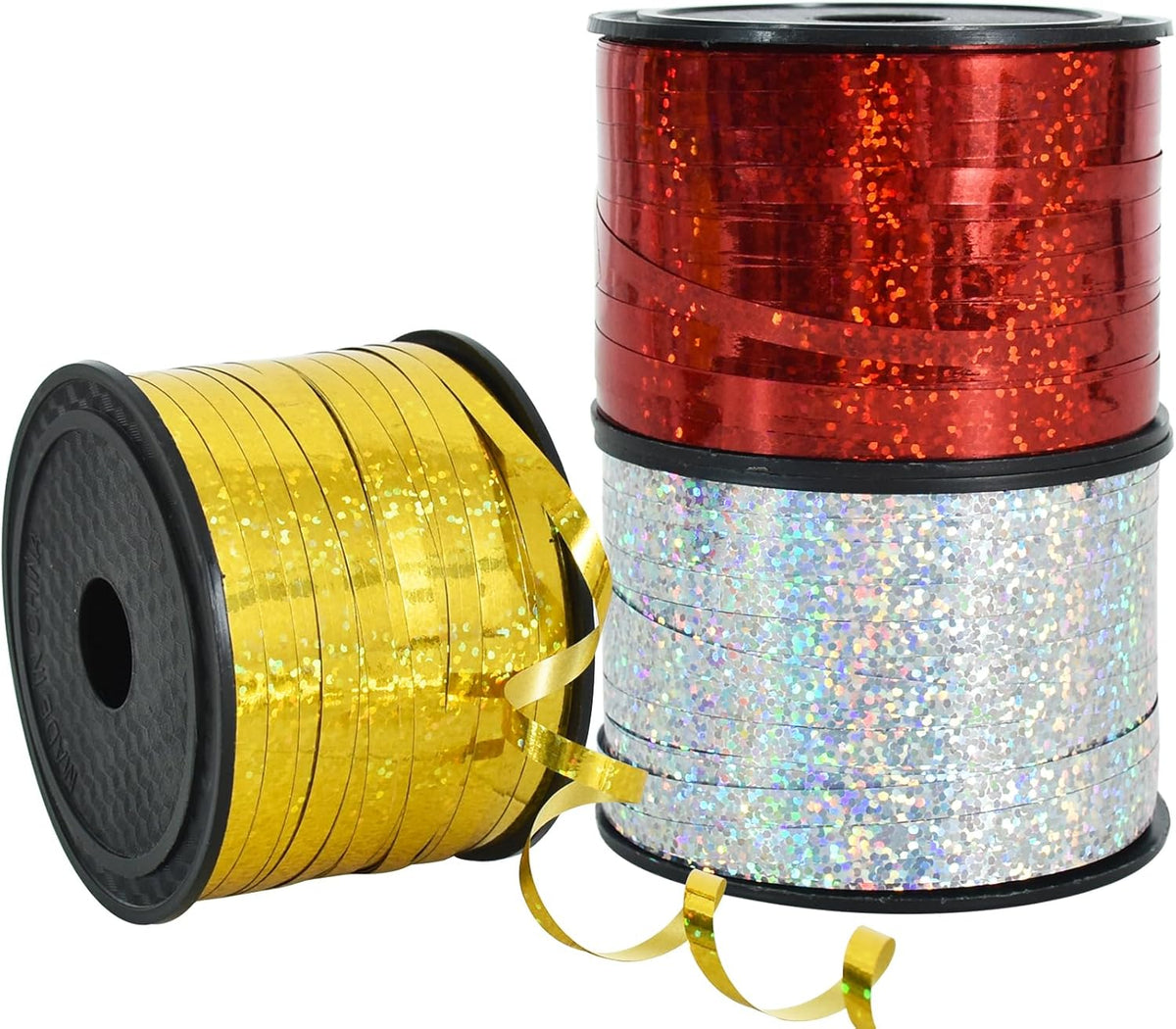 BEISHIDA 3 Pack 100 Yards Gold Silver Red Curling Crimped Glitter Ribbon Balloon String Shiny