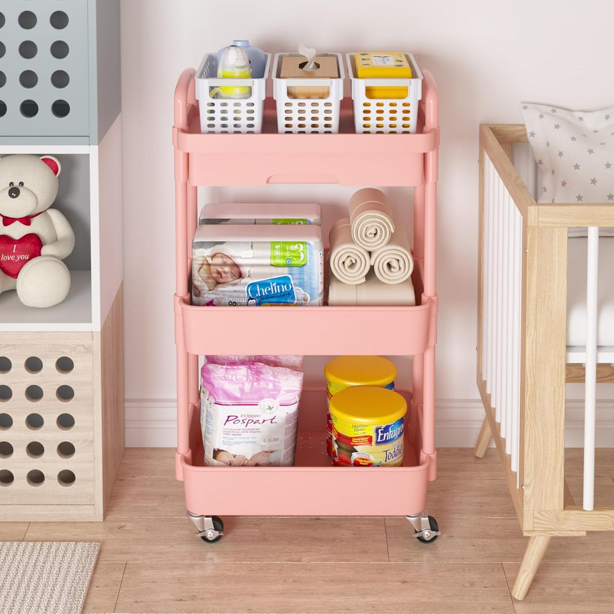 Calmootey 3-Tier Rolling Utility Cart with Drawer,Multifunctional Storage Organizer with Plastic