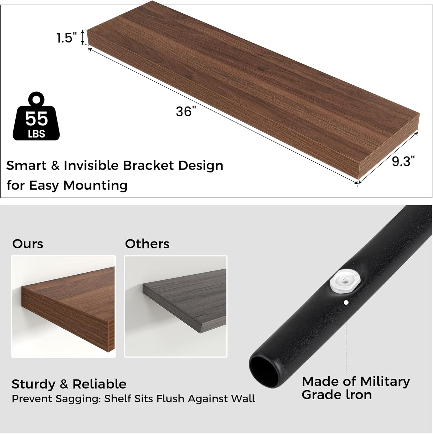 Floating Shelves - 2 Large Wall Mounted Shelves with Invisible Brackets, Long Walnut Wood Floating