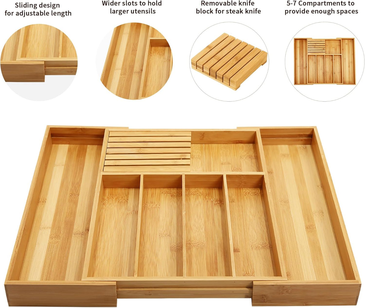VaeFae Bamboo Silverware Drawer Organizer Kitchen, Expandable Utensil Organizer with Knife Block
