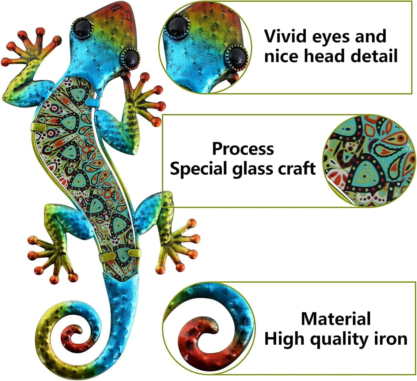 HONGLAND 2Pcs Metal Gecko Wall Decor Lizard Garden Art Color Hanging Glass Sculpture for Indoor