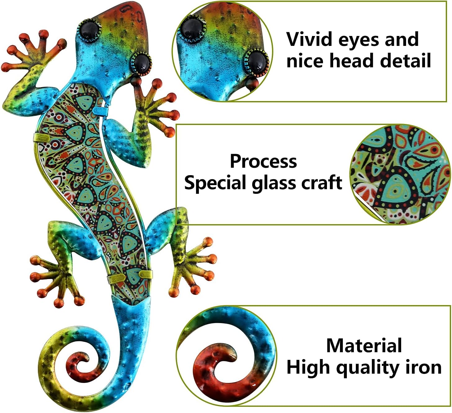 HONGLAND 2Pcs Metal Gecko Wall Decor Lizard Garden Art Color Hanging Glass Sculpture for Indoor