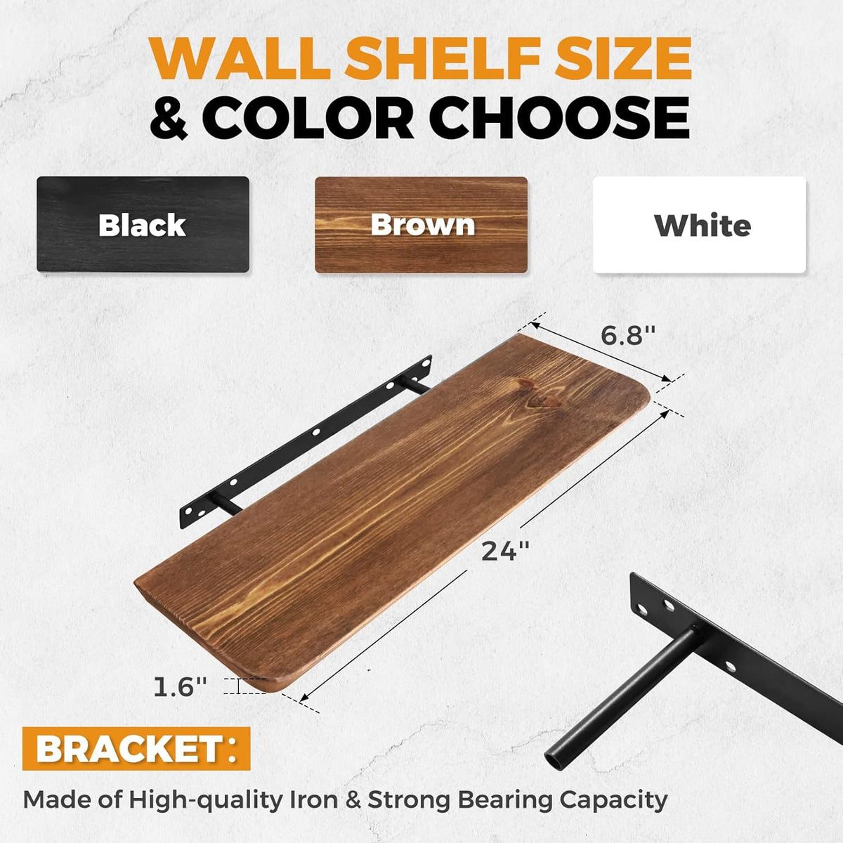 24"x6.8"x1.6" Slanted Floating Wall Shelves 2-Pack - Rustic Brown Finish, Heavy-Duty Solid Wood