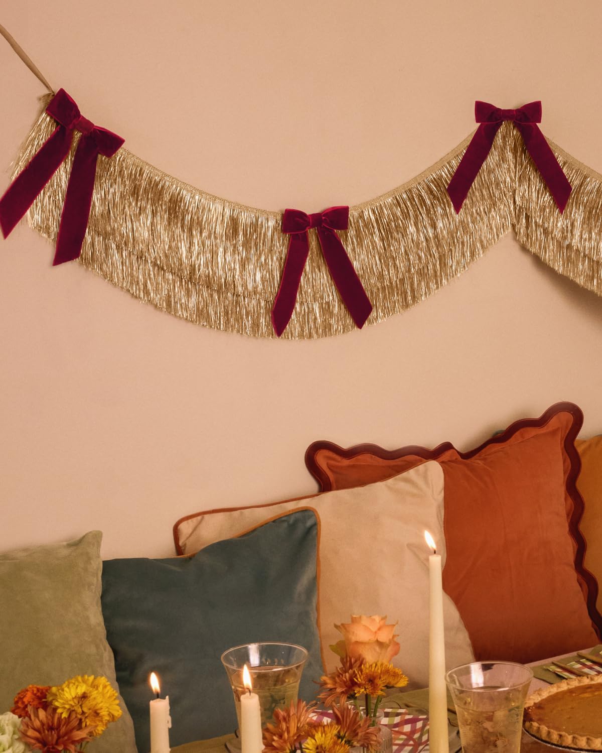 xo, Fetti Gold Fringe + Red Velvet Bow Banner 6 Ft. | Bachelorette Decoration, Christmas Party