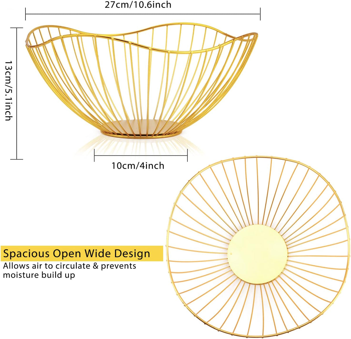 Metal Wire Fruit Basket, Gold Fruit Bowl for Kitchen Counter, Fruit Holder Stand Storage Baskets