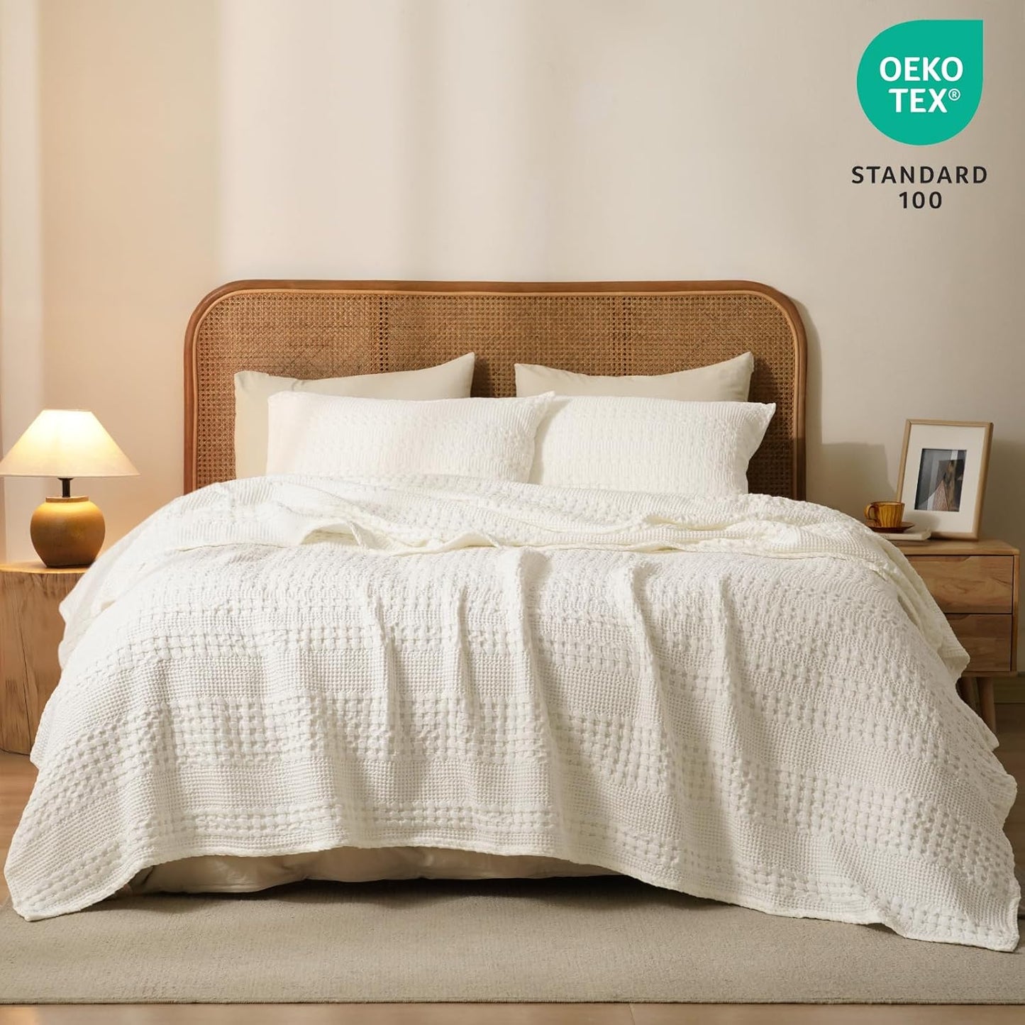 PHF 100% Cotton Waffle Weave Blanket Queen Size, Soft Lightweight Breathable Cozy Summer Blankets