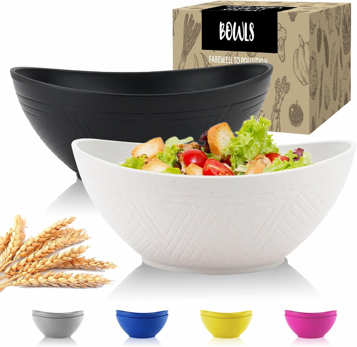 Big Wheat Straw Bowls,Unbreakable Large Salad Bowls,Dishwasher and Microware Safe Plastic Bowls
