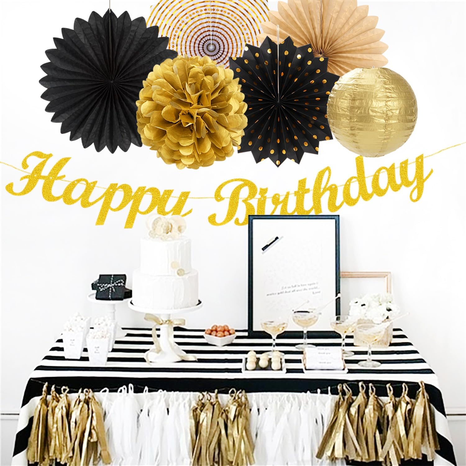 Black Gold Women-Men Birthday Party-decorations - 21pcs Happy Banner,Paper Streamers Lanterns