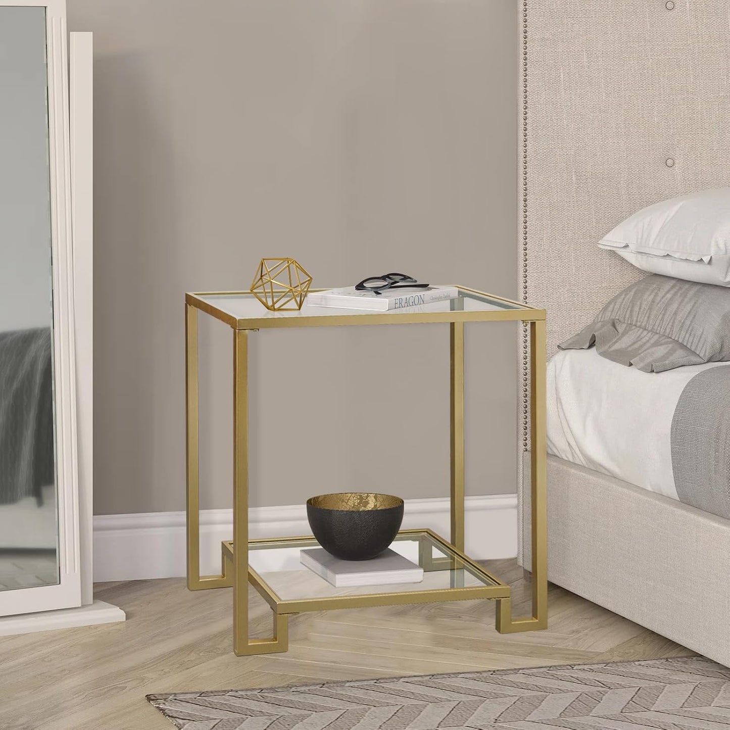 2 Tier Rectangular Side Table, Gold End Table with Glass Top, Modern Metal Clear Coffee Table，Small