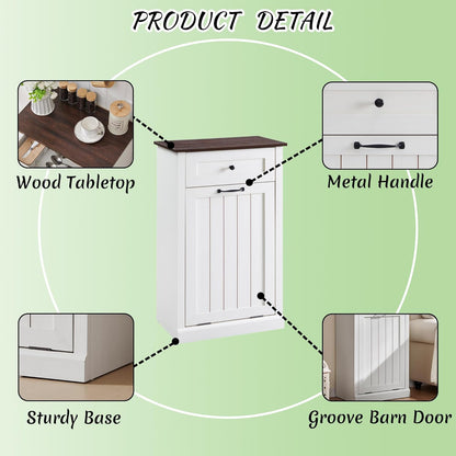 Tilt Out Laundry Hamper Cabinet, 10 Gallon Farmhouse Trash Can Cabinet with Drawer, Hidden Wood