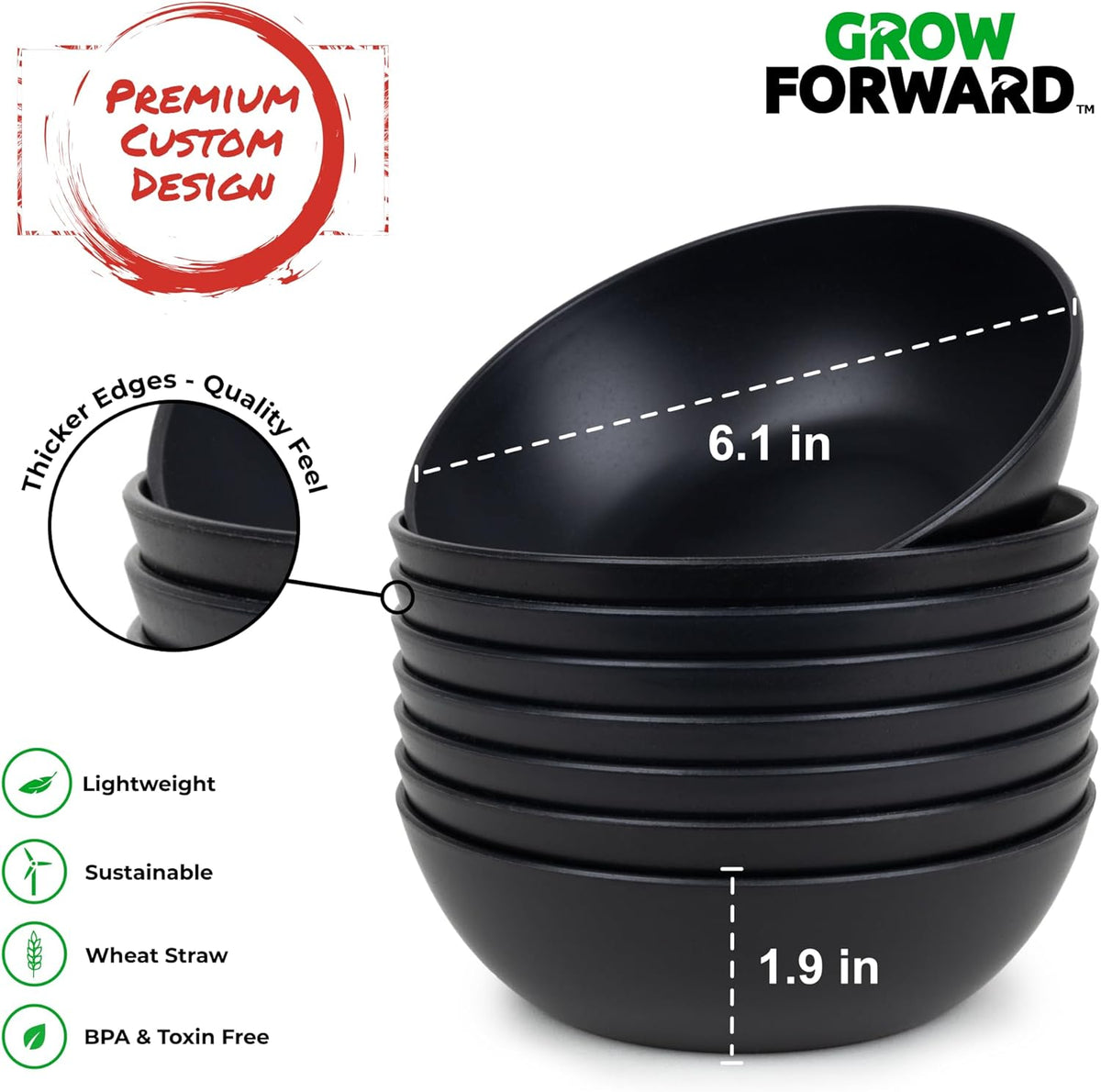 Grow Forward Premium Wheat Straw Bowls - 20oz Microwave Safe Plastic Cereal Bowls Set of 8 for