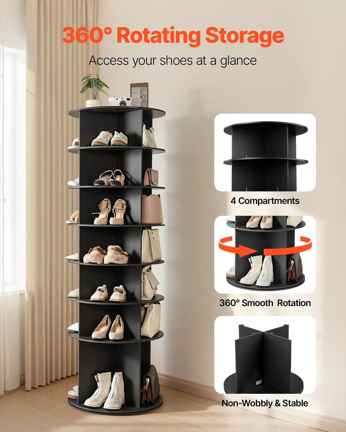 VEVOR 7 Tiers Rotating Shoe Rack Tower, 360° Spinning Shoe Rack, Revolving Storage Round Carousel