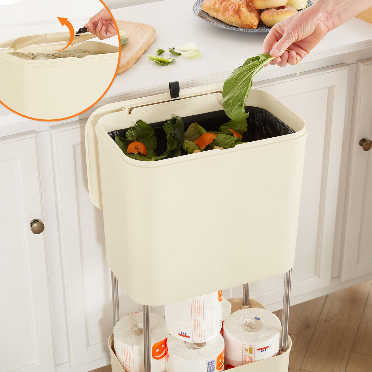 VECELO Kitchen Trash Can with Lid, Garbage Bin with Storage Rack, Dog Proof Narrow Waste Basket for