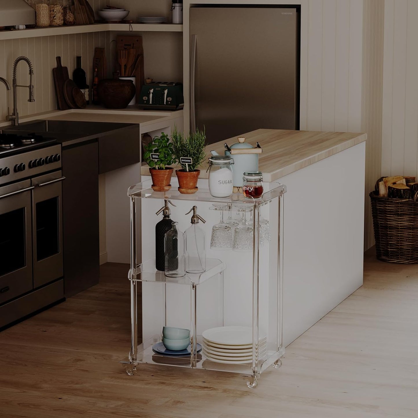 HMYHUM Acrylic Bar Cart with 4 Lockable Wheels, 3 Tier Clear Serving Cart with Glass Holder