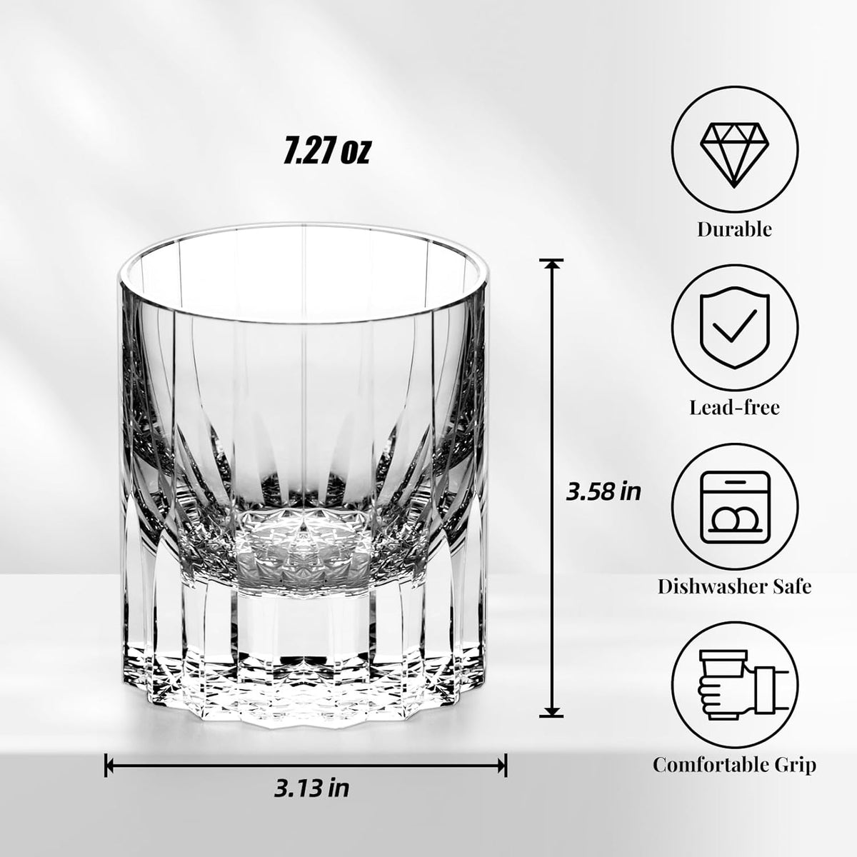KAMMAK Crystal Whiskey Glasses Set of 2, 7.27oz Old Fashioned Glasses Stemless, Hand Blown White