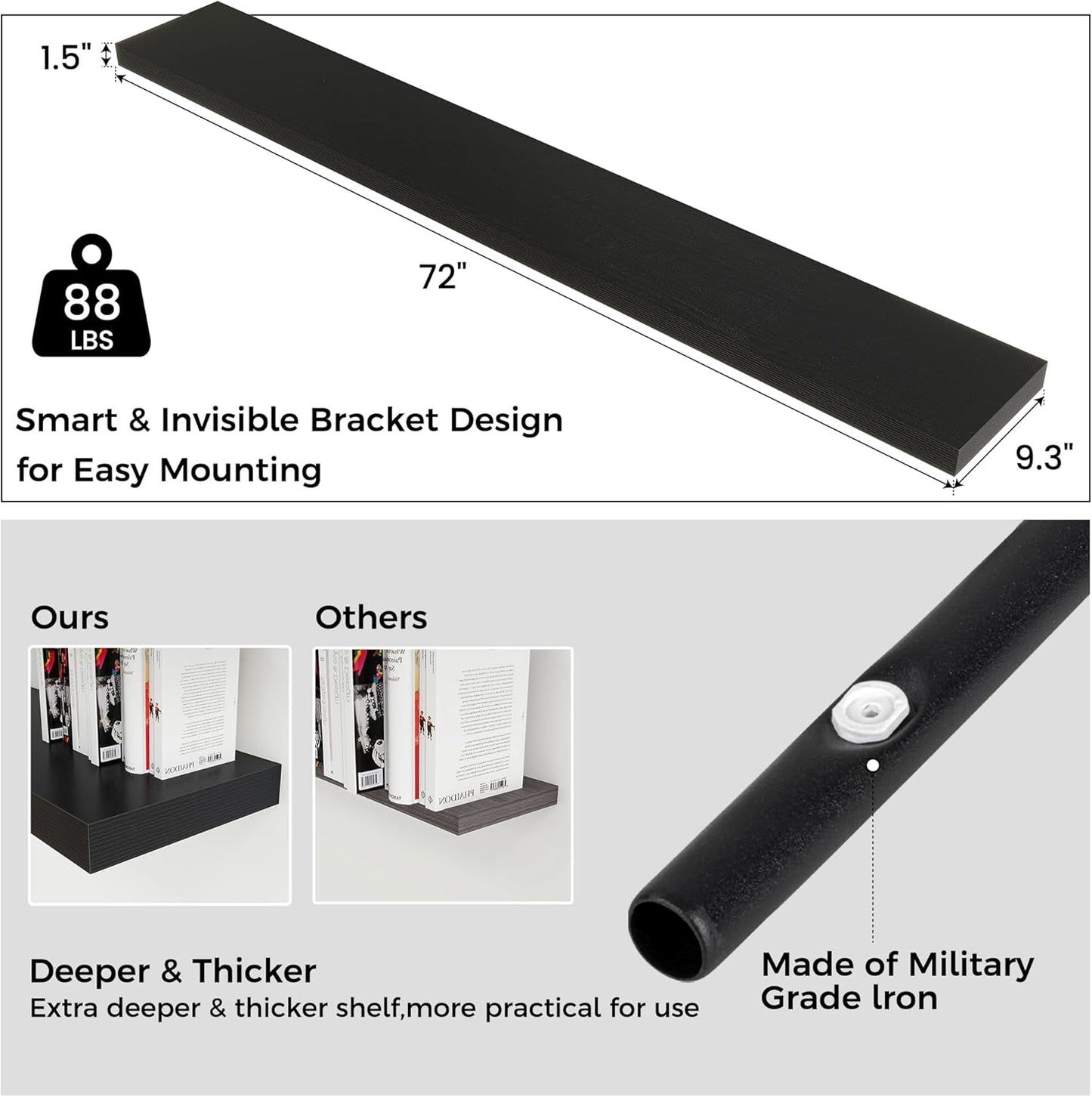 Floating Shelves for Wall, Large Wall Mounted Shelves with Invisible Brackets, Long Wood Floating