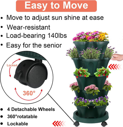 DUNCHATY Stackable Polypropylene Planters, 5-Tier, Pine Green, Indoor/Outdoor, 29" Height x 13.6"