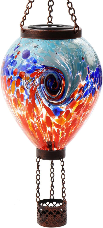 VOREEN Solar Hot Air Balloon Light – Handblown Colored Glass Outdoor Hanging Lantern for Garden