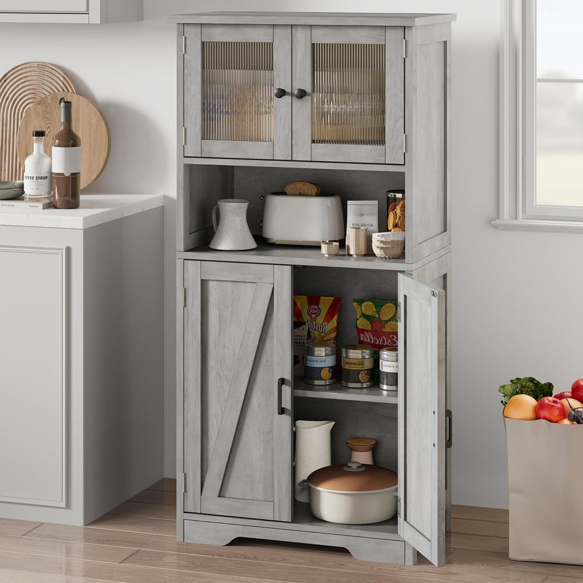 GarveeHome 54in Tall Bathroom Cabinet, Farmhouse Storage Cabinet with Glass Doors and Adjustable