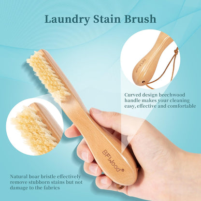 BFWood Laundry Stain Brush, Natural Soft Boar Bristles, Removes Tough Stains from Delicate Fabrics