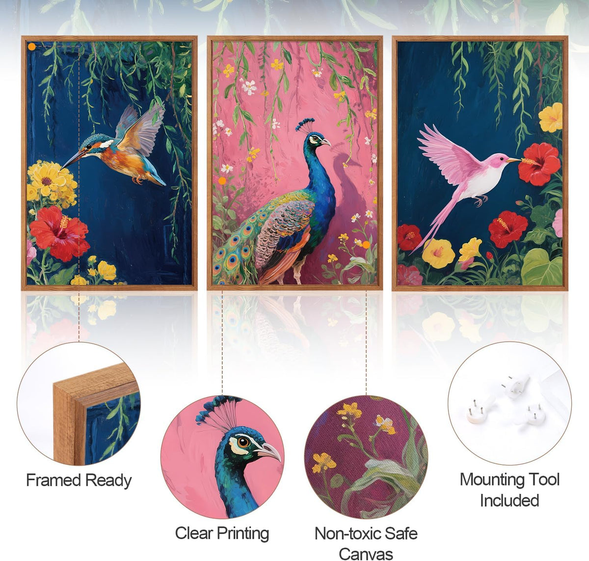Aurlan Colorful Birds Flowers Framed Wall Art(16"x24"), 3PCS Large Classic Elegance Hummingbird
