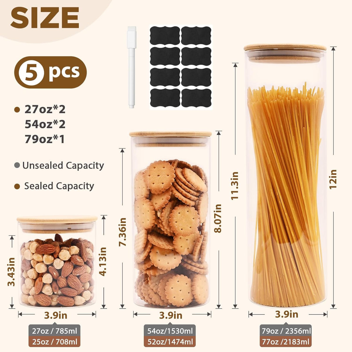 Glass Food Storage Jars, Glass Jars with Bamboo Lids, Kitchen Storage Jars, Canisters with Airtight