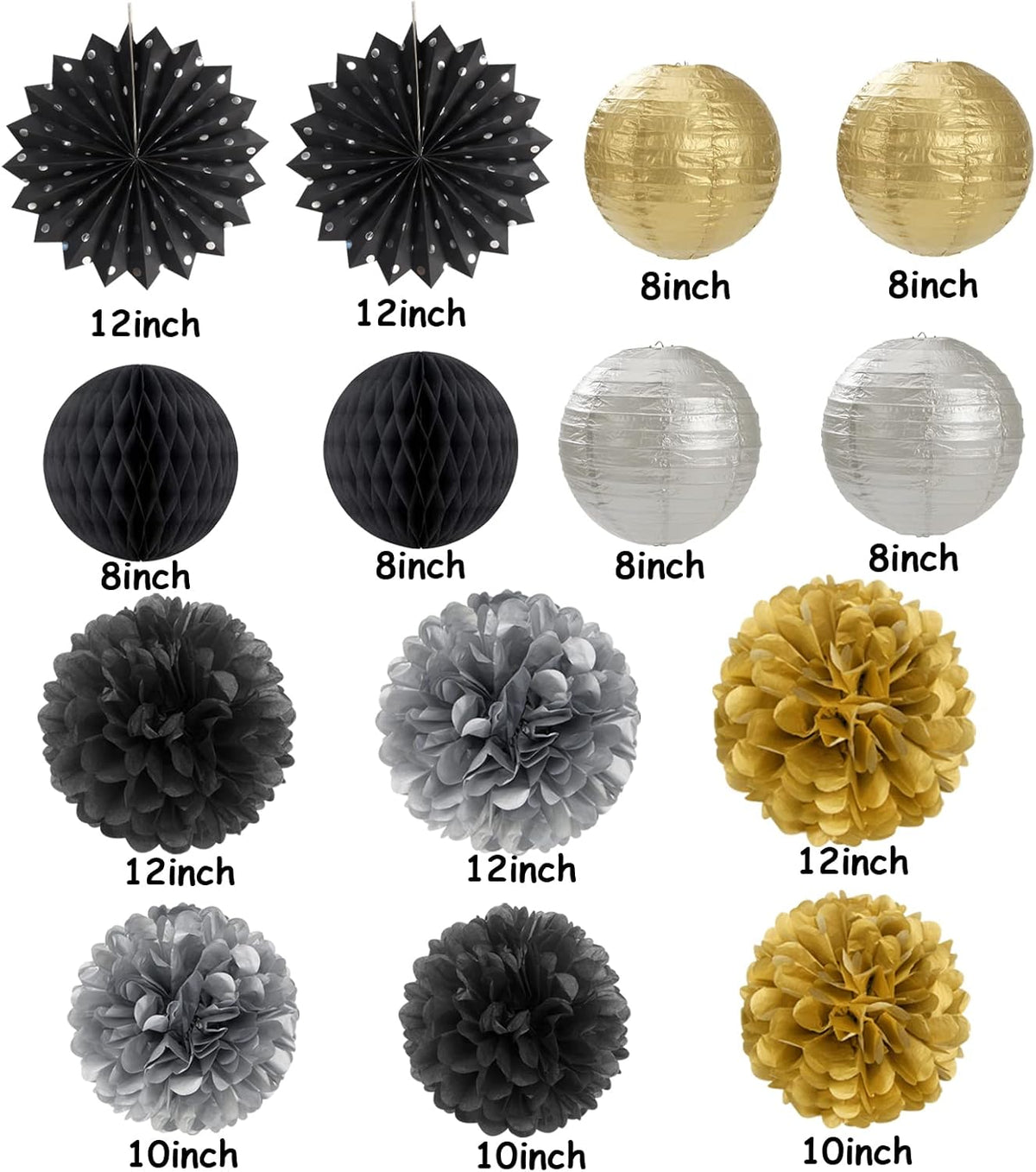 Black Gold Silver Party-Decorations Streamers-Lanterns - 14pcs Graduation 2025 Paper Fan,Tissue