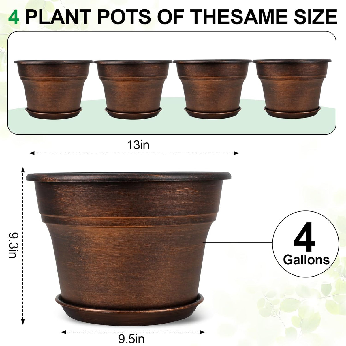 Plant Planters Pots Set of 4 Pack 13 Inch，Large Plastic Flower Pot for Indoor Plants with Drainage