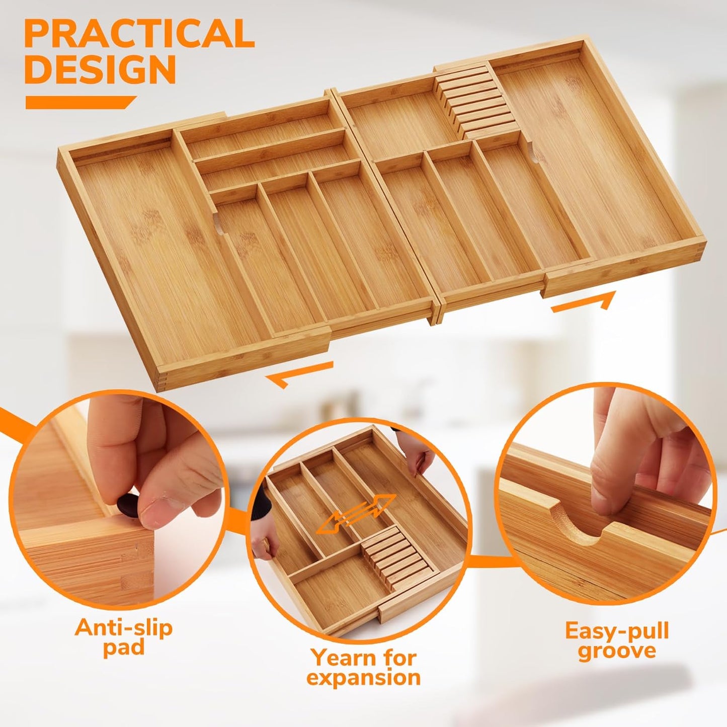 BAMEOS Expandable Silverware Drawer Organizer with Removable Knife Blocks, Bamboo Kitchen Utensil