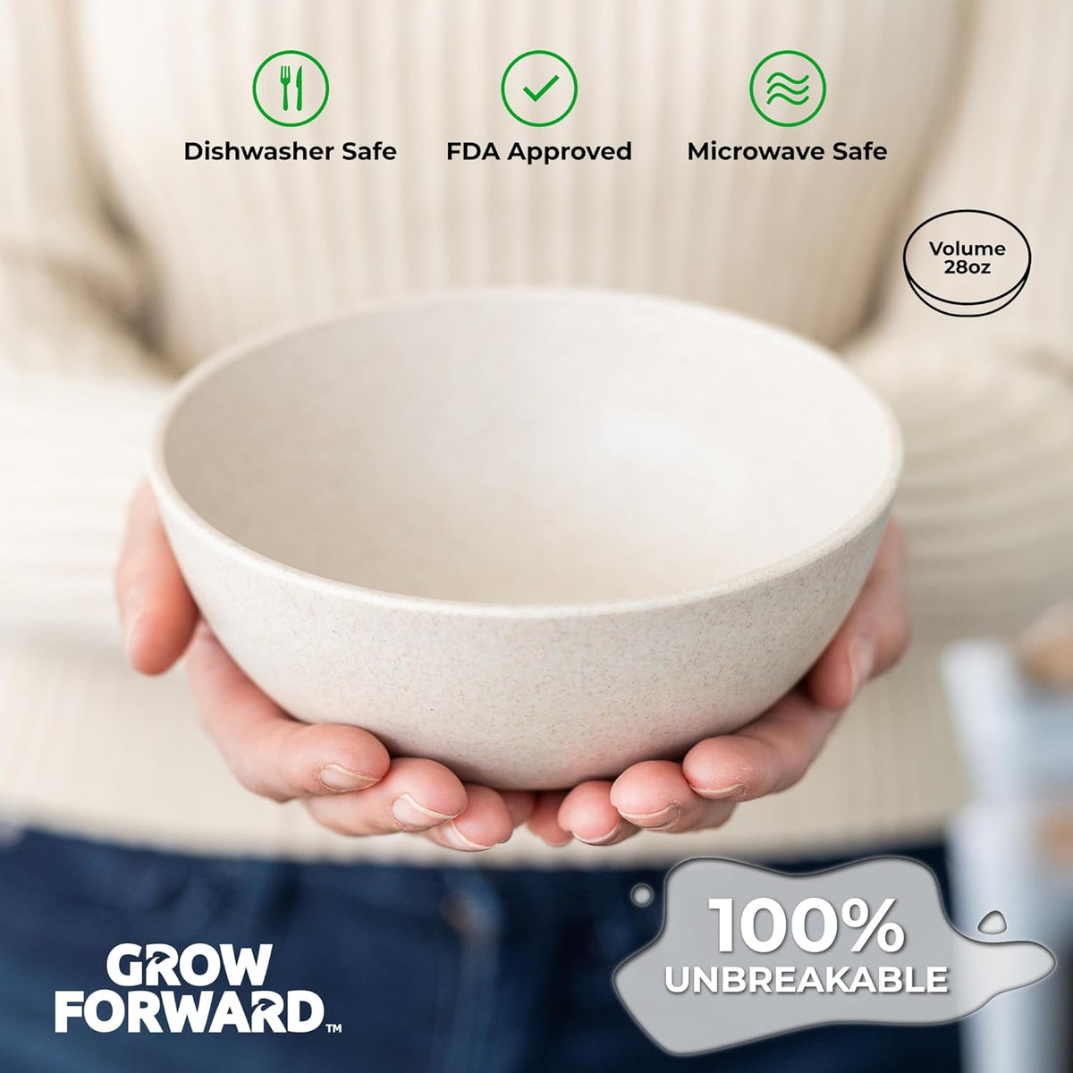 Grow Forward Premium Wheat Straw Bowls - 27oz Microwave Safe Plastic Cereal Bowls Set of 8 for