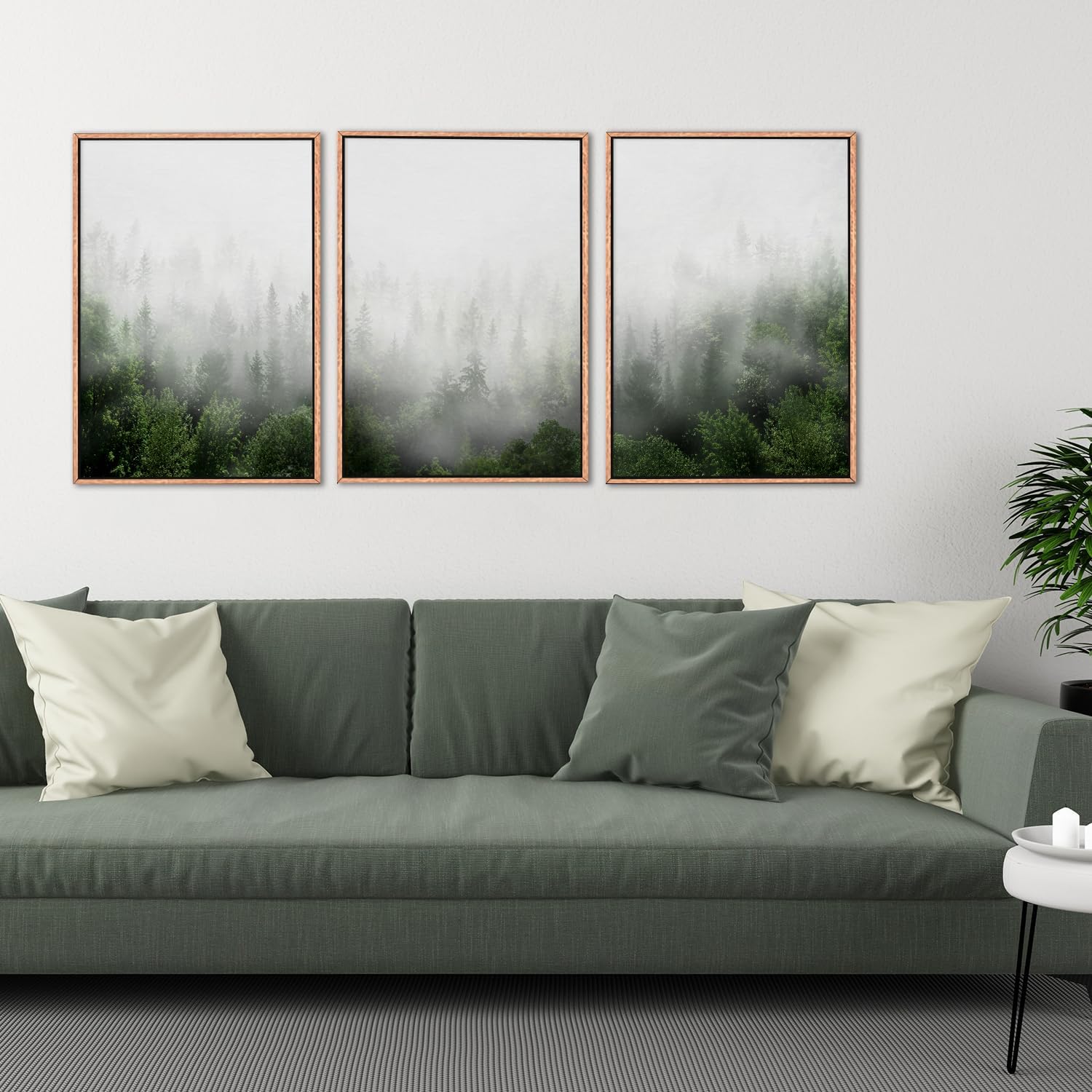 HPINUB Misty Green Forest Framed Canvas Wall Art Set, Nature Scenery Modern Wall Decor, Foggy