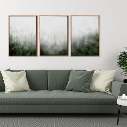 HPINUB Misty Green Forest Framed Canvas Wall Art Set, Nature Scenery Modern Wall Decor, Foggy