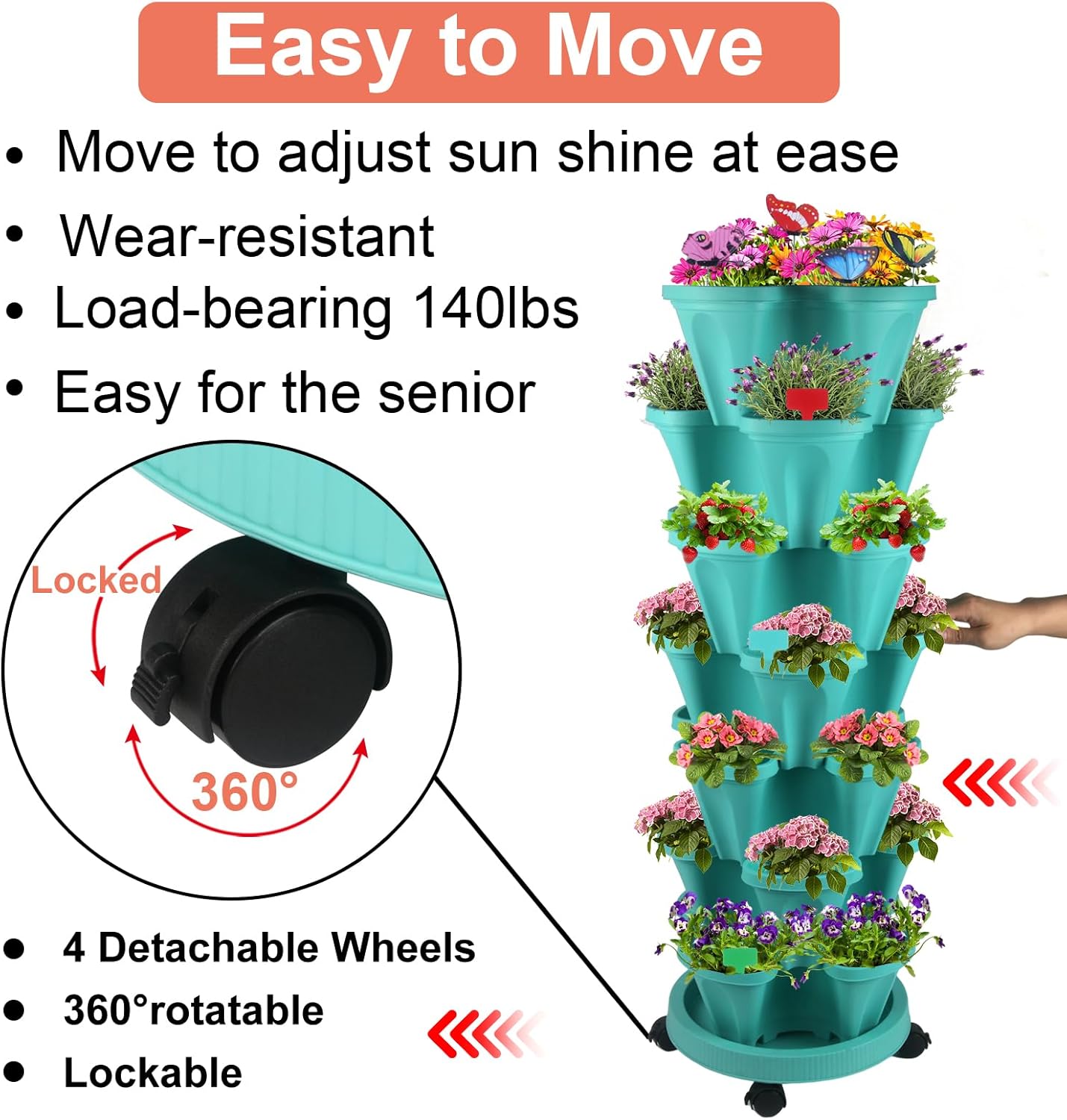 Vertical Planter, 7 Tier Stackable Strawberry Planter with Garden Tool Set, Movable Indoor/Outdoor