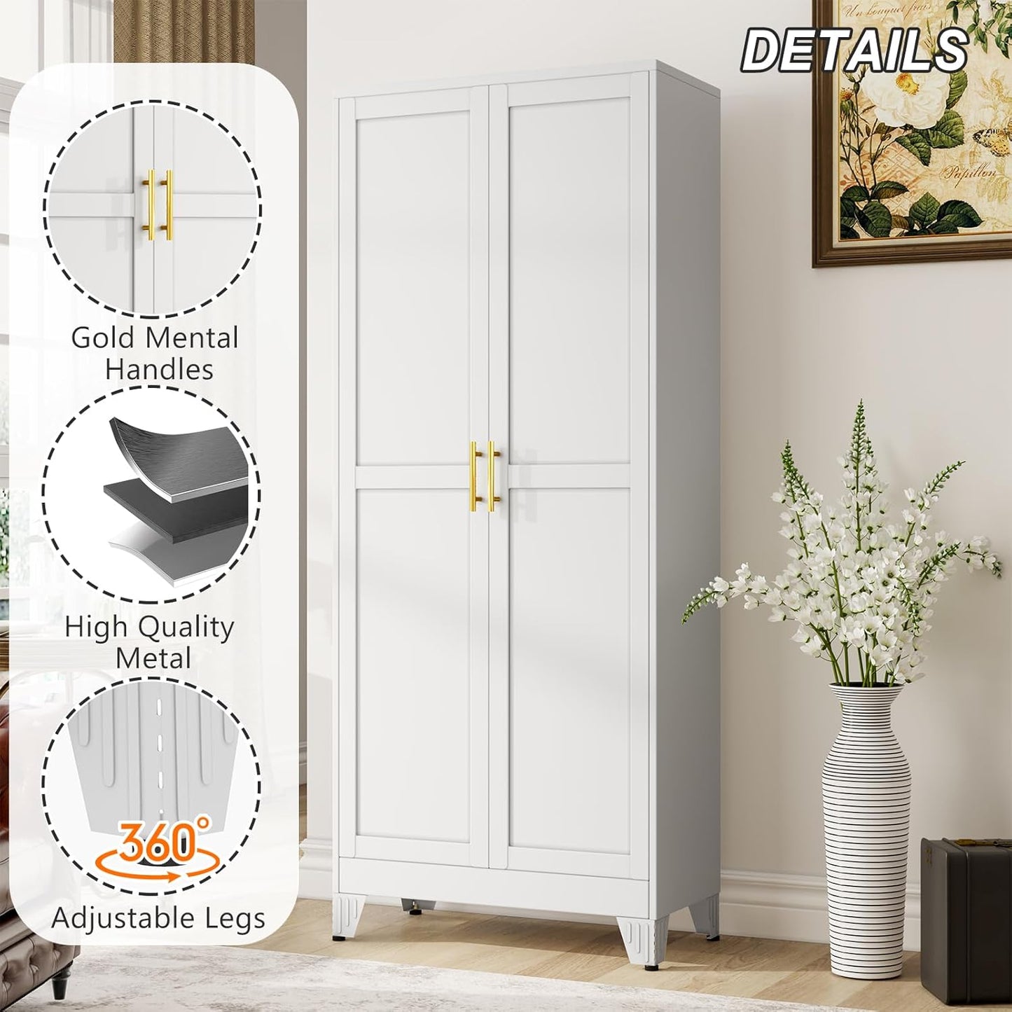 Metal Pantry Cabinet with 2 Doors and Adjustable Shelves - 71" Kitchen Storage Cabinet with Gold