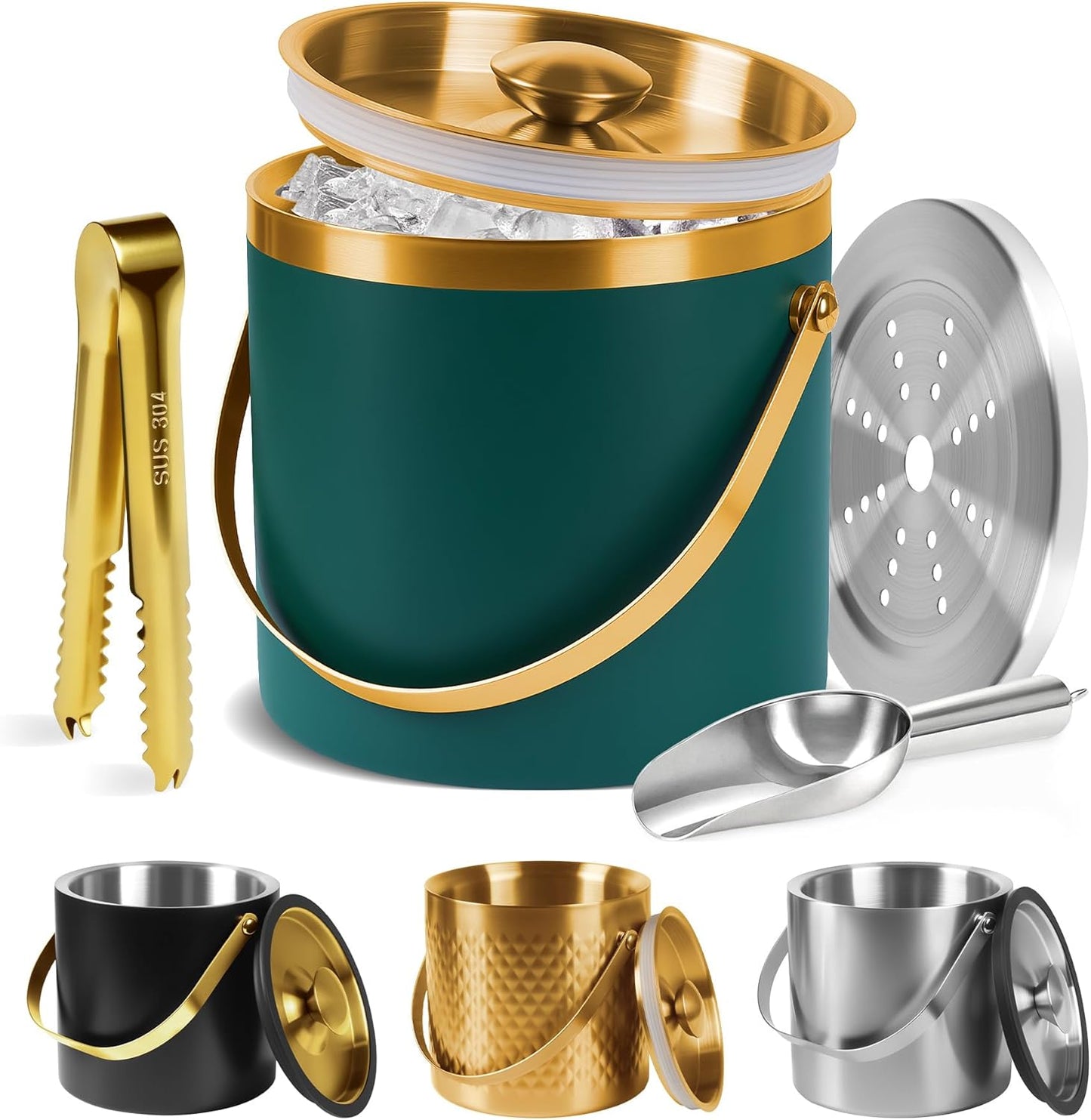 Ice Bucket, Green Ice Bucket 3L with Silicone Sealing Ring Double-Wall Vacuum Insulation Champagne
