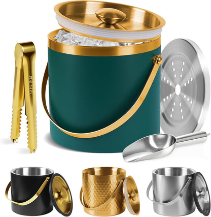 Ice Bucket, Green Ice Bucket 3L with Silicone Sealing Ring Double-Wall Vacuum Insulation Champagne