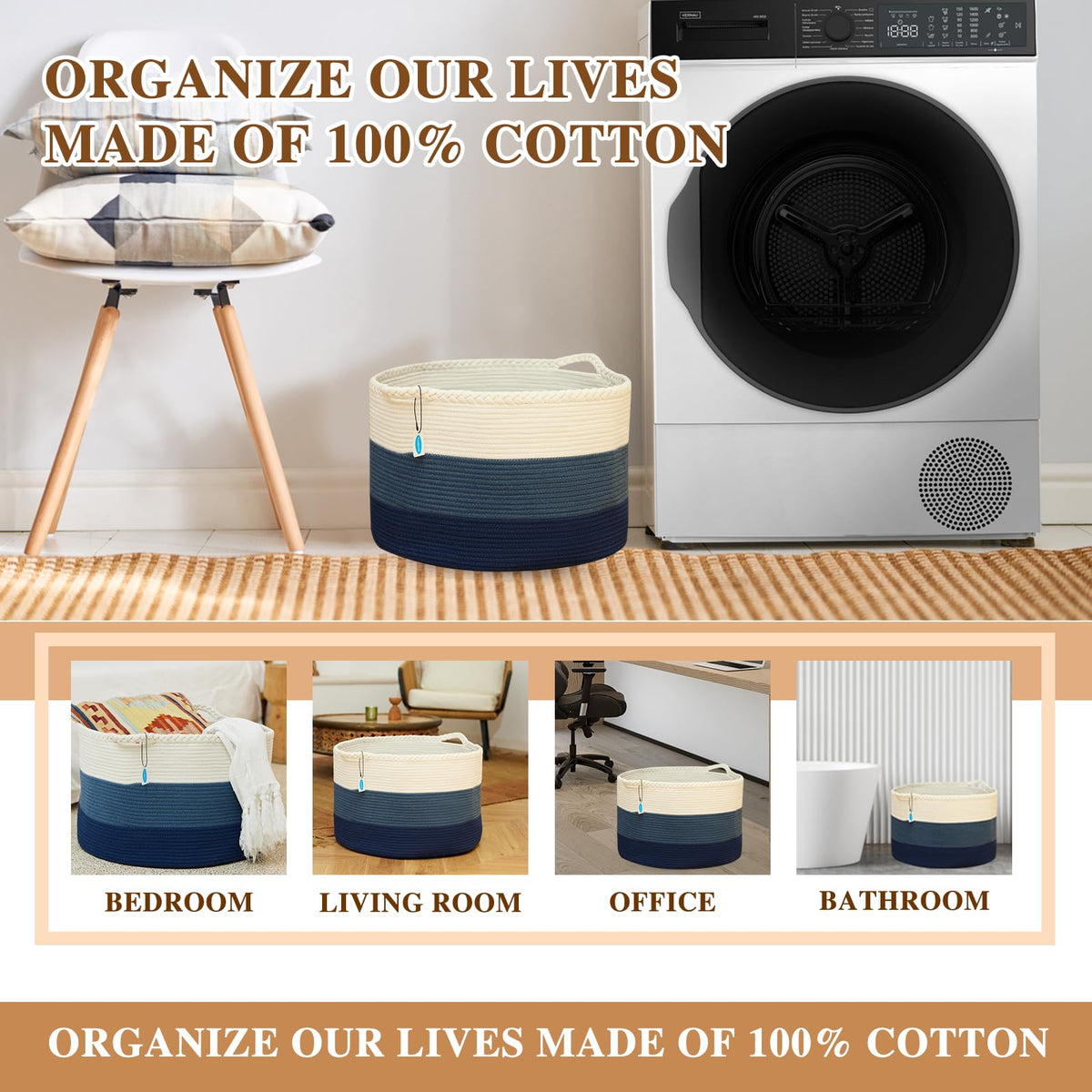 Casaphoria Stuffed Animal Storage & Laundry Hamper - Woven Cotton Rope Basket, 21.7 * 21.7 * 13.8in