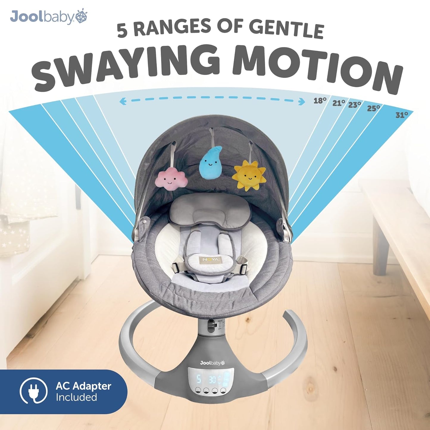 Jool Baby Nova Swing for Newborns - Electric Motorized Infant Swing, Bluetooth Music, 10 Preset
