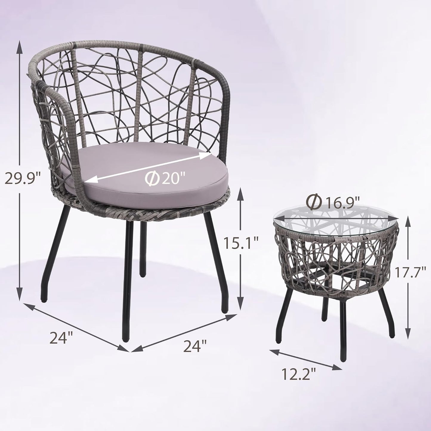 Kromax 3 Piece Bistro Set, Modern Outdoor Wicker Patio Furniture with Tempered Glass Table Top and