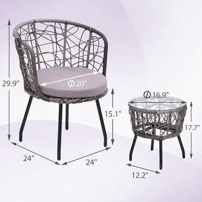 Kromax 3 Piece Bistro Set, Modern Outdoor Wicker Patio Furniture with Tempered Glass Table Top and