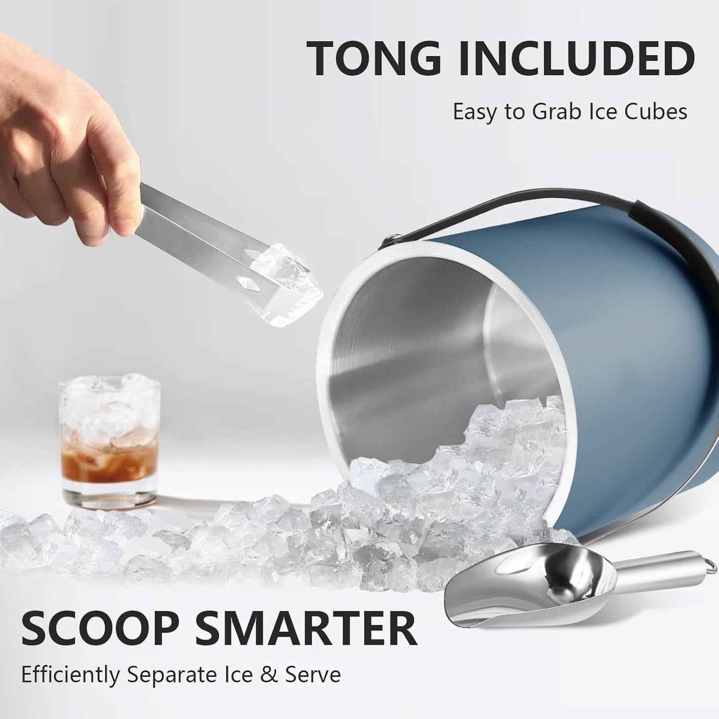 3L Ice Bucket with Silicone Lid, Scoop, Tongs & Strainer, Stainless Steel Double Wall Insulated Ice