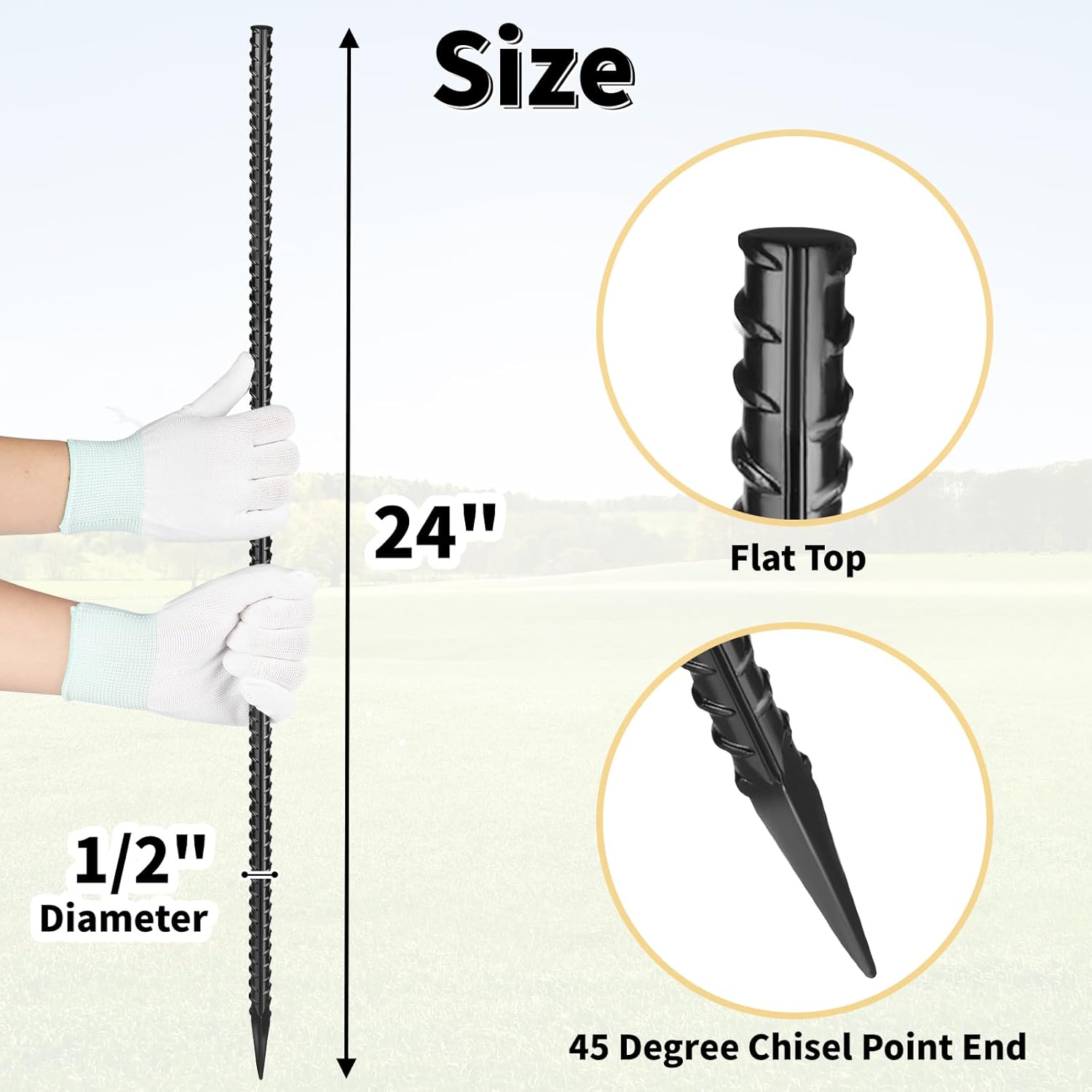 24 Inches Straight Rebar Stakes(20-Pack), 1/2" Diameter Steel Metal Stakes for Garden with Chisel