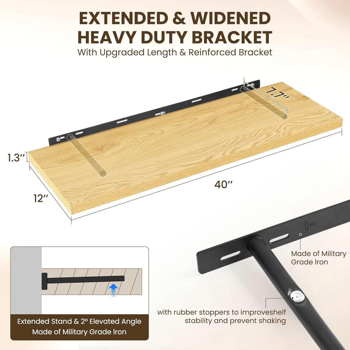 40" Floating Shelves for Wall, 12" Deep Slim Oak Floating Shelves, Wall-Mounted Shelves for