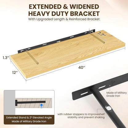 40" Floating Shelves for Wall, 12" Deep Slim Oak Floating Shelves, Wall-Mounted Shelves for