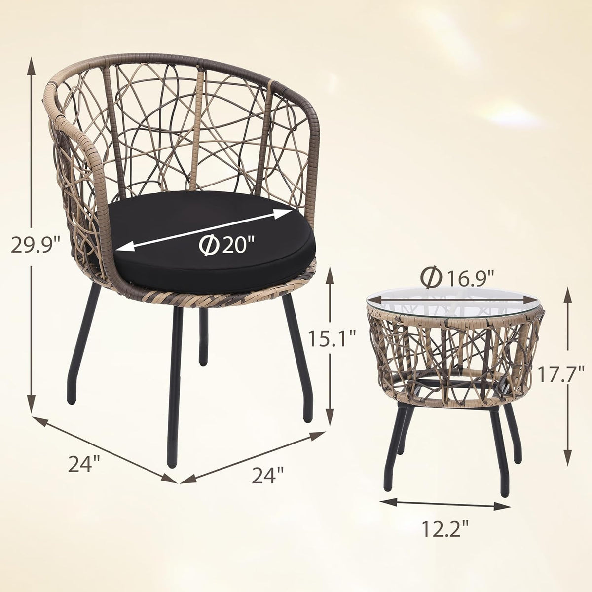 Kromax 3 Piece Bistro Set, Modern Outdoor Wicker Patio Furniture with Tempered Glass Table Top and