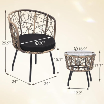 Kromax 3 Piece Bistro Set, Modern Outdoor Wicker Patio Furniture with Tempered Glass Table Top and