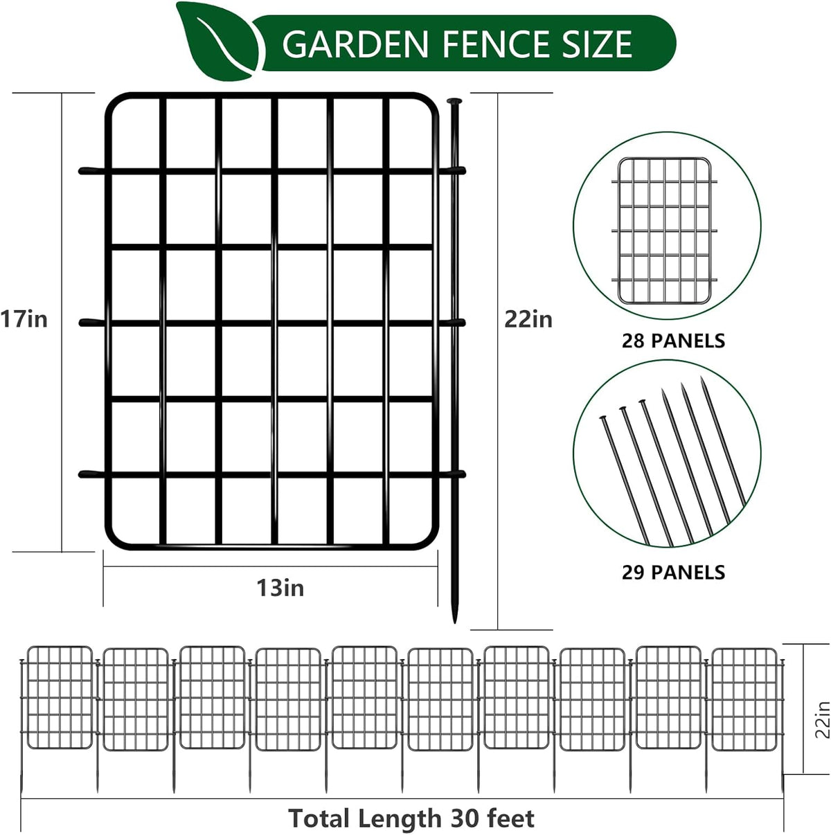 30ft x 17in Garden Fence Animal Barrier, 28 Panels No Dig Fence Border, Rustproof Metal Decorative