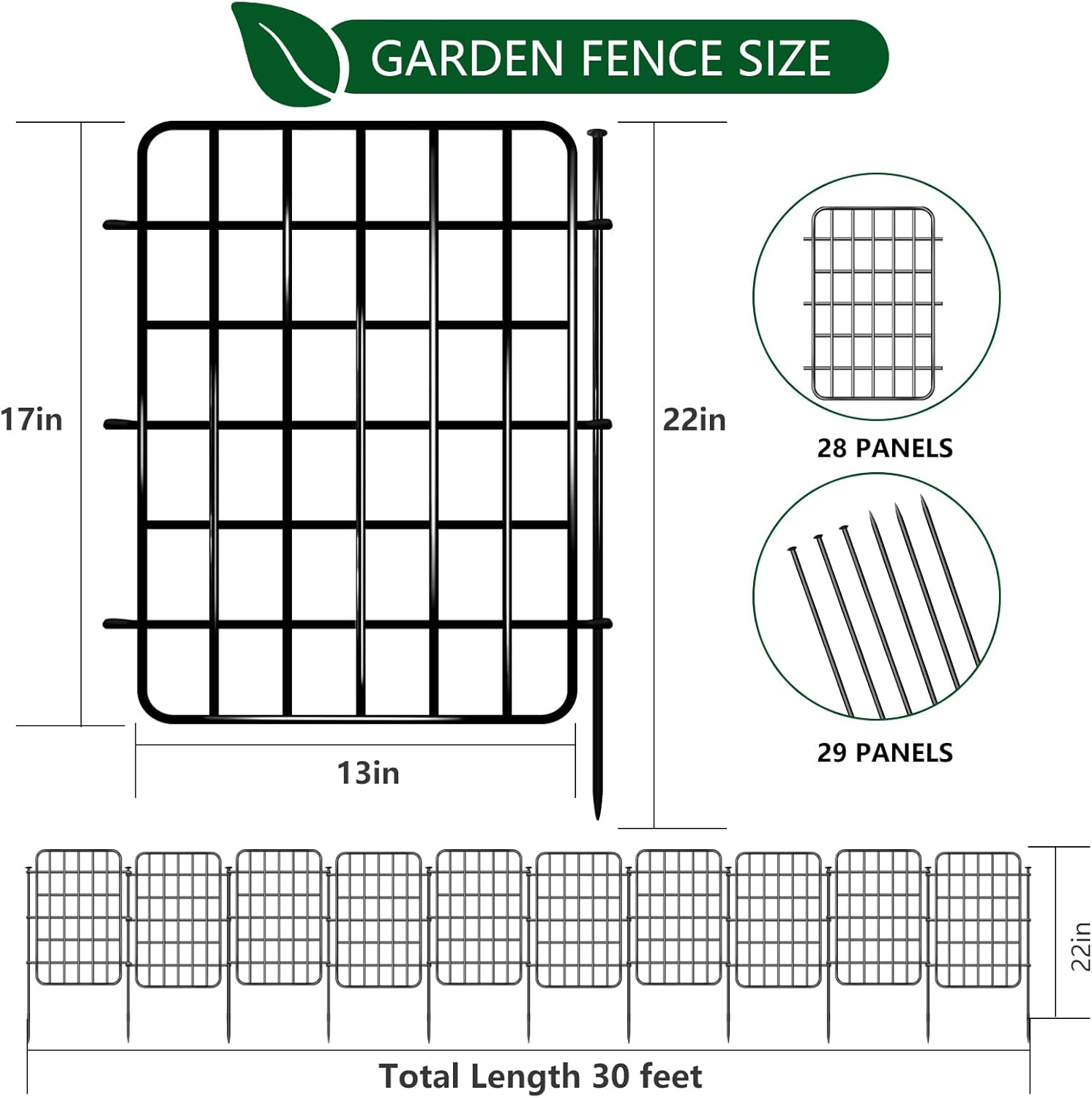 30ft x 17in Garden Fence Animal Barrier, 28 Panels No Dig Fence Border, Rustproof Metal Decorative